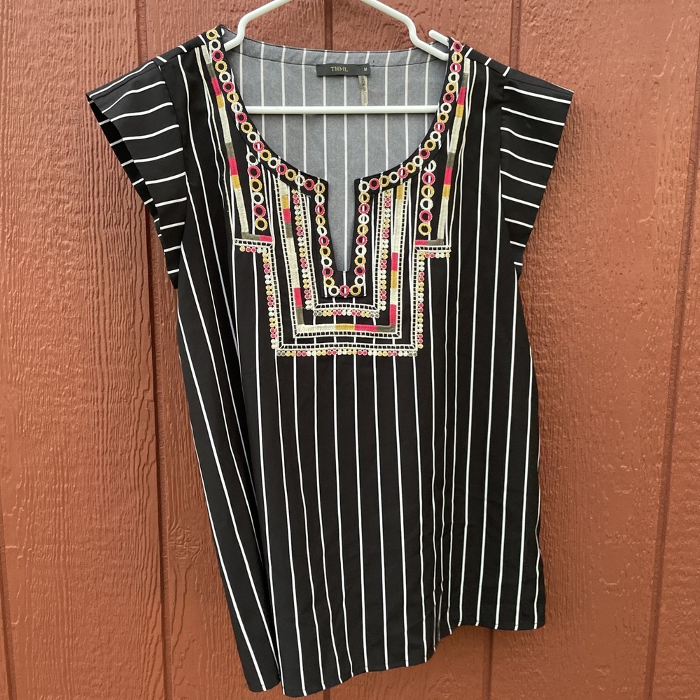 THML top Medium Black White Striped With Green Tan Pink And Yellow Embroidery